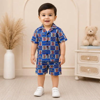 2 Pcs Boy's Cotton Lawn Printed Shirt And Shorts Set