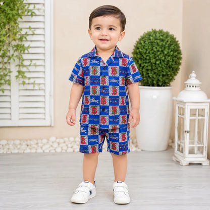 2 Pcs Boy's Cotton Lawn Printed Shirt And Shorts Set
