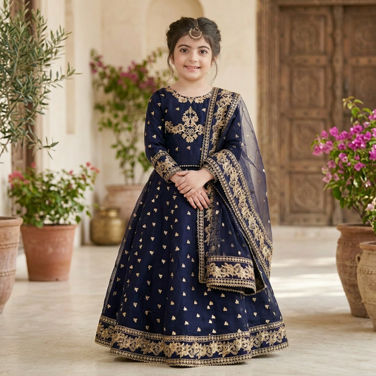 Navy Blue Gold Embroidered 3-Piece Silk Set for Girls 5-12