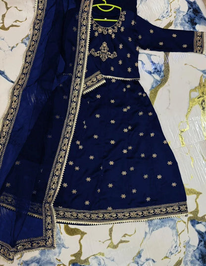 Navy Blue Gold Embroidered 3-Piece Silk Set for Girls 5-12