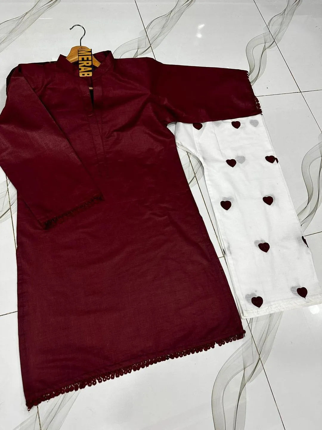 Maroon Cotton Flapper 2Pcs Heart Embroidery