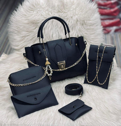 Maroon Leather 5-Piece Handbag Set for Girls