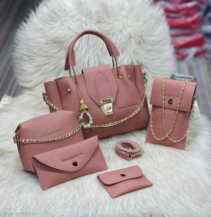 Maroon Leather 5-Piece Handbag Set for Girls